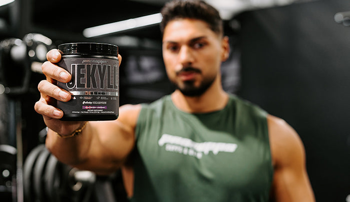 Andrei Deiu' holding the NEW Jekyll Pre-Workout