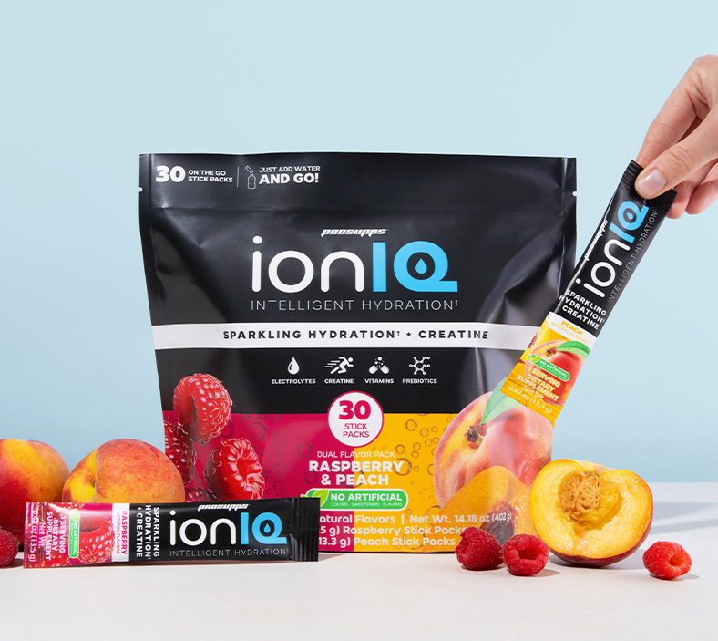 ION IQ raspberry and peach hydration pouch with sparkling drink