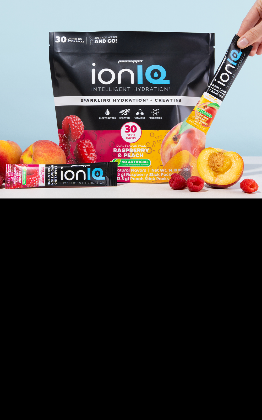 ION IQ raspberry and peach hydration pouch with sparkling drink