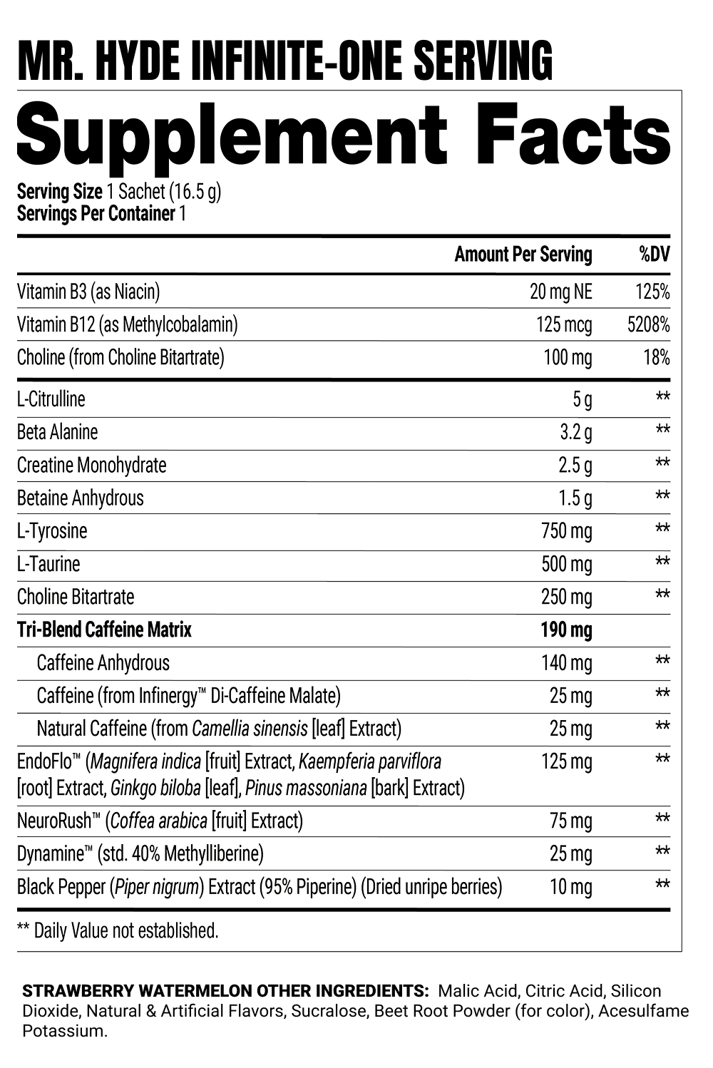 Hyde Infinite Trial Pack Supplement Facts