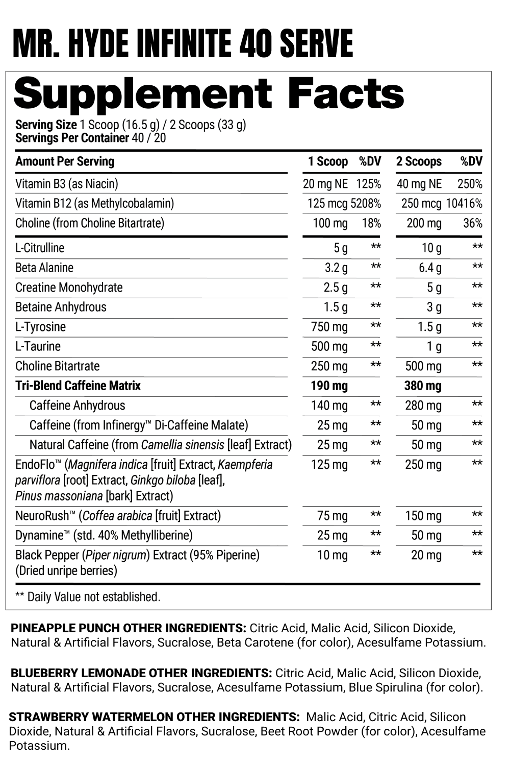 Mr. HYDE Infinite Fully Dosed Pre-Workout Supplement Facts