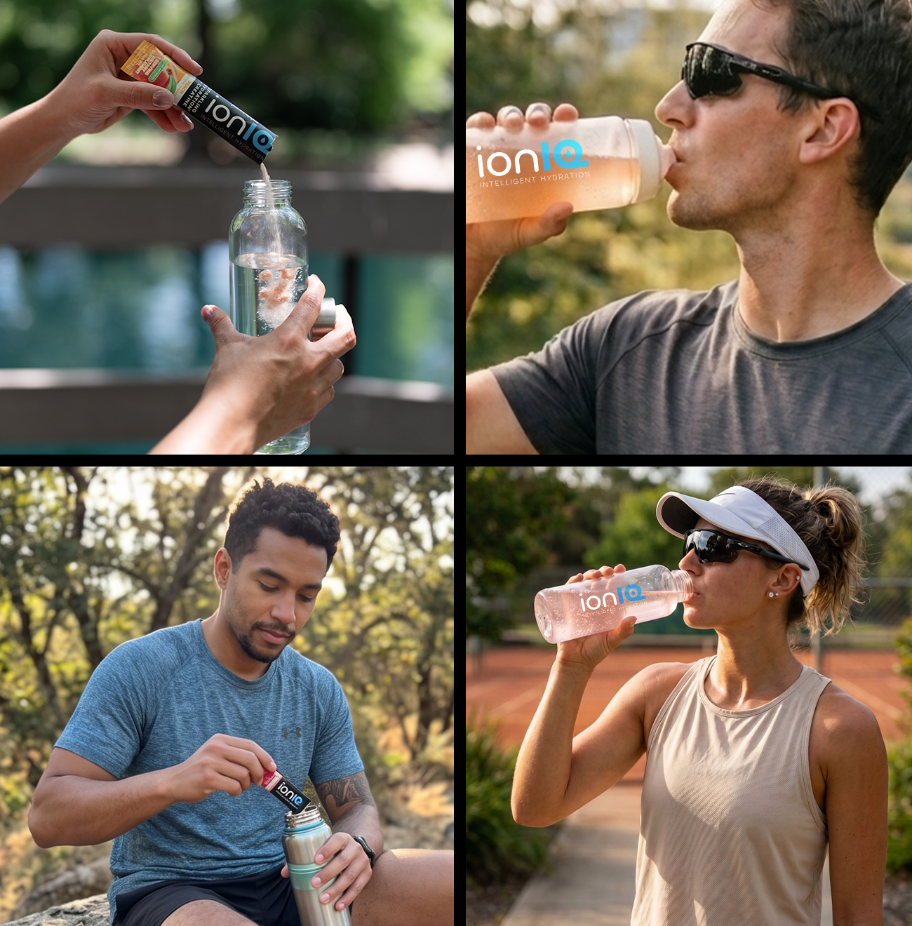 Four lifestyle moments showing people drinking or preparing ionIQ
