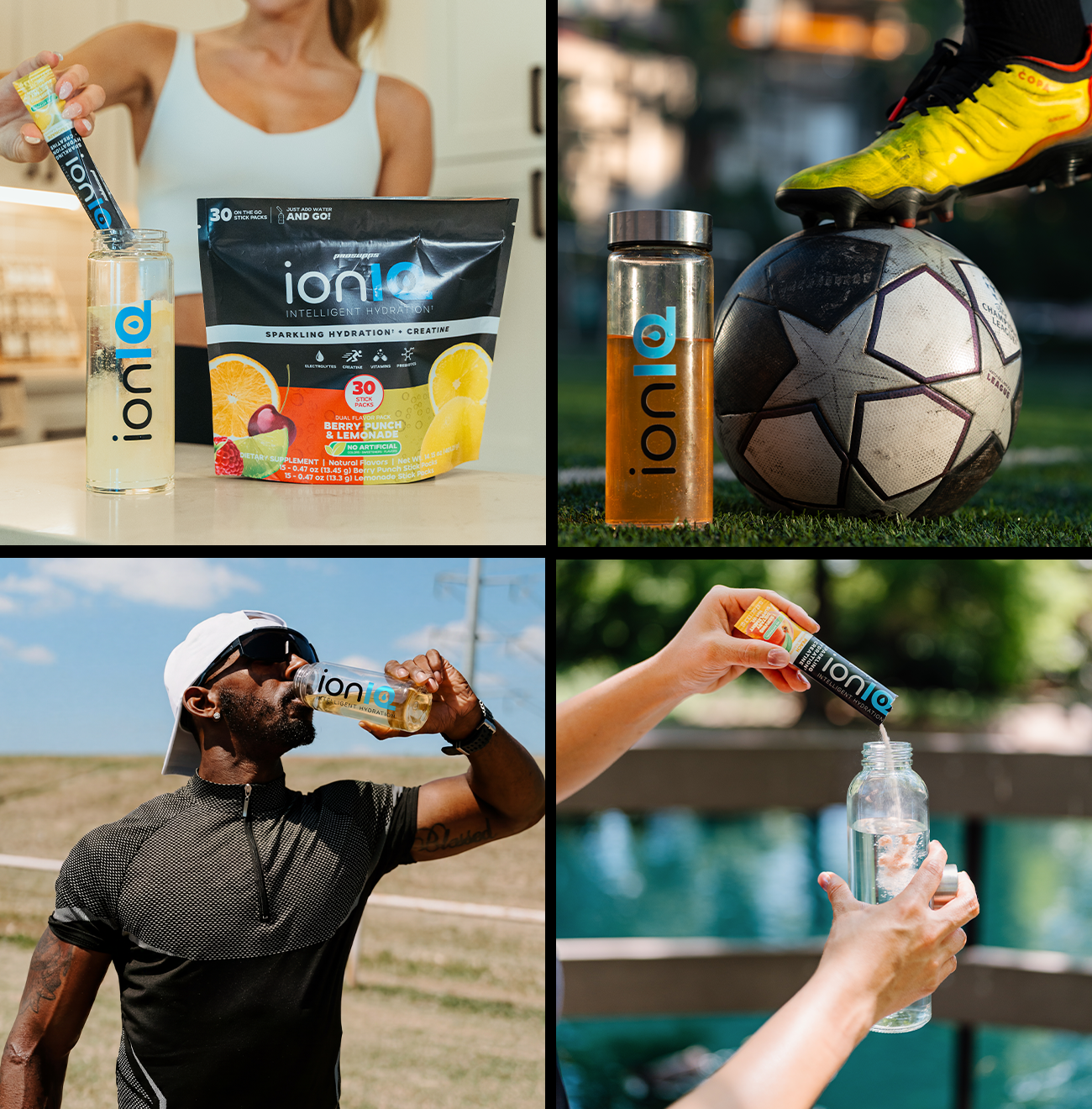 Four lifestyle moments showing people drinking or preparing ionIQ